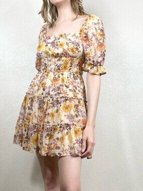 Trixxi | Floral Puff Sleeve Mini Dress White Orange Square Neck | Size M